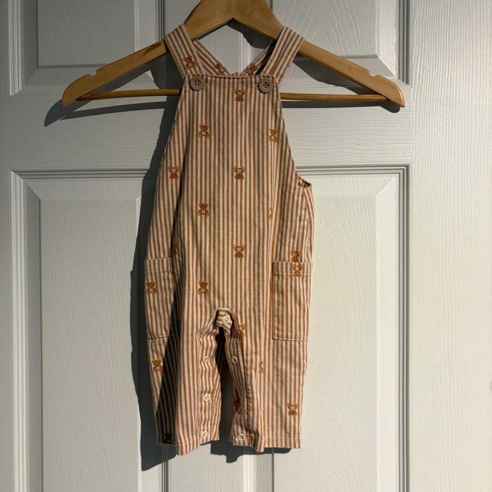 Milon Baby Boys Orange White Striped Teddy Bear Print Overalls Size 6-9M